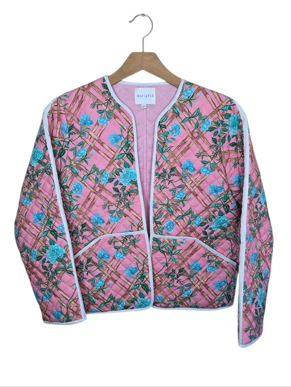 Marigold Cottagecore Preppy Pink Blue Floral Quilted Open Front Jacket Size XS
